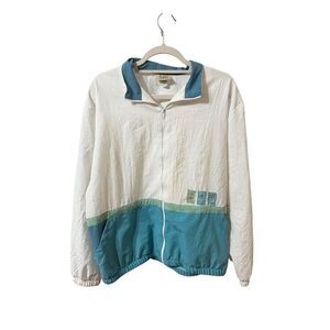 Vintage Teddi Women’s White Teal Zip-up Windbreaker floral detail sz L